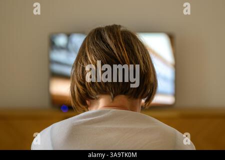 Rear view of female person sitting on sofa and watching TV in living room, selective focus Stock Photo