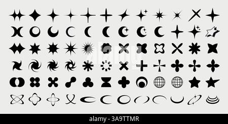 big collection of Y2k elements. set Y2k. geometric brutalism forms sticker In Y2k style graphic design retro futuristic pack Set of geometric shapes Stock Vector