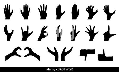 set of silhouettes of hands. different silhouette poses of hand gestures. Stock Vector