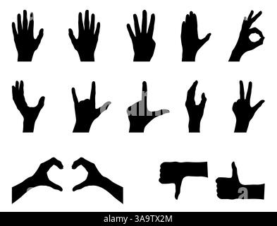 set of silhouettes of hands. different silhouette poses of hand gestures. Stock Vector