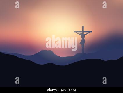 Good Friday background with silhouette of jesus on the cross in a sunset landscape Stock Vector