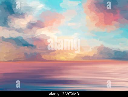 hand painted minimal abstract seascape landscape with sunset clouds Stock Vector