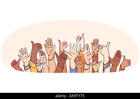 Hands of diverse people showing thumbs up or greeting gestures symbolize unity and harmony in society. Hands of crowd multiethnic men and women united to fight against discrimination and intolerance Stock Vector