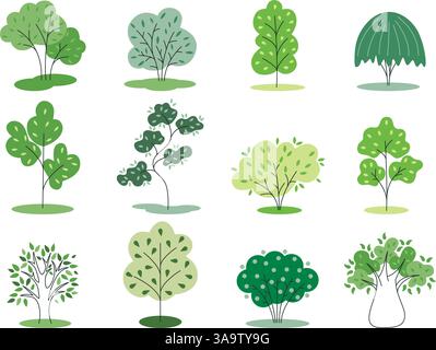 Set of spring trees in flat style with green leaves. Botanical collection of different trees and shrubs with lush foliage. Natural elements clip art Stock Vector