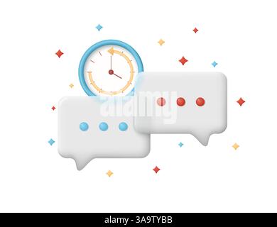 Speech bubbles and analog clock icon. Concept of reminder about duration and start of conversation. Vector 3d illustration. Stock Vector