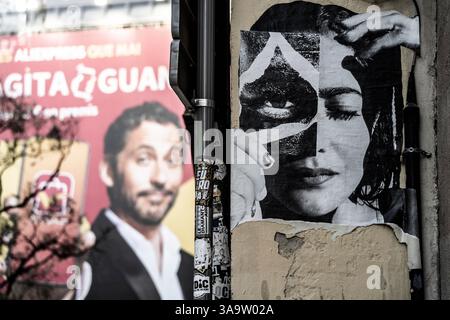 "El Born" neighborhood, profusion of posters on the walls, Barcelona, Catalonia, Spain. Stock Photo