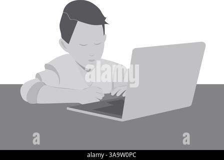 Schoolboy study online in grayscale. Online education minimalist design idea. Back to school concept. Isolated Vector illustration Thematic cards or web promo banner, leaflets, print materials or tags Stock Vector