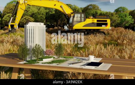 Architectural Model of High-Rise Building on Construction Site with Excavator in Background - 3D Illustration Stock Photo