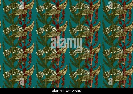 Botanical floral seamless pattern with wildflowers vector illustration. Repeating medicinal plants pattern in turquoise background. Graphic design for Stock Vector