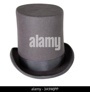 Elegant classic gray top hat with a flat crown and wide brim, representing elegance and timeless style. Topper headpiece Isolated on white background. Stock Photo
