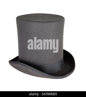 Elegant classic gray top hat with a flat crown and wide brim, representing elegance and timeless style. Topper headpiece Isolated on white background. Stock Photo