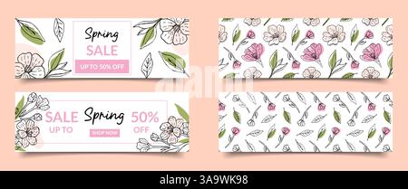 Double-sided templates for spring sale banners with blooming branches of Japanese sakura, floral patterns, horizontal layouts, for a trade sale. Poster, postcard, web, flyer, advertising brochure. Stock Vector