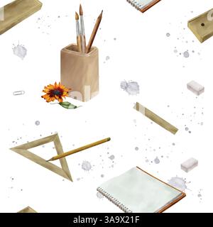 Pencils and pens school pencil case and ink stains. Seamless pattern, highlighted on a white background. Ruler and notepad in a row with an autumn flo Stock Photo
