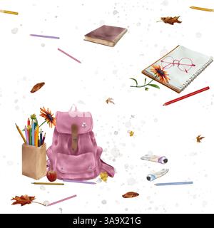 Pink backpack and colored pencils. Seamless pattern isolated on a white background. Notebooks, pens and glasses nearby.. Autumn leaves and ink stains. Stock Photo