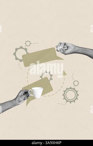 Poster image collage of two hands holding crumpled paper drinking coffee over mind cloud background Stock Photo