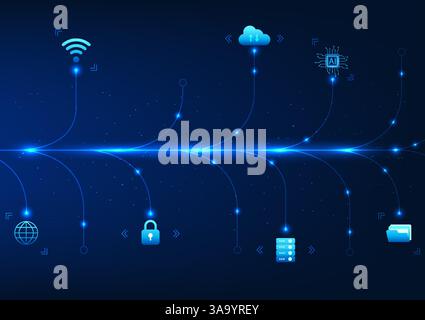 Big data technology background. Branched lines represent high-speed transmission of cyber data to software. Signaling. Vector illustration. Wallpaper. Stock Vector