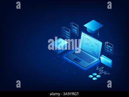 Education Technology Background, Computer with a Graduation Cap on Top Conveys the Use of Technology in Education and Skill Development, Suitable for Stock Vector