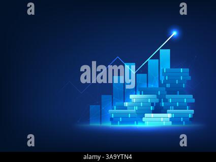 Financial Technology The front of the graph is a pile of coins, showing the company's profit growth, growing along with its global expansion. Stock Vector