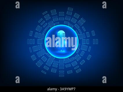 Microphone Technology Background Microphone is surrounded by sound waves. Concept of a device that receives sound and converts it into an electrical s Stock Vector