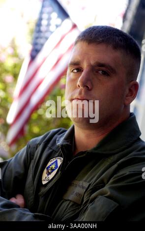 Andrew Meredith (CQ) outside his Galt home, Sunday August 29, 2004. Meredith is due to ship out to Iraq in early September for one year, even though his enlistment is up six months into the deployment. The helicopter gunner does not believe in the war but will due his duty. Sacramento Bee/  Brian Baer/ZUMA Press Stock Photo