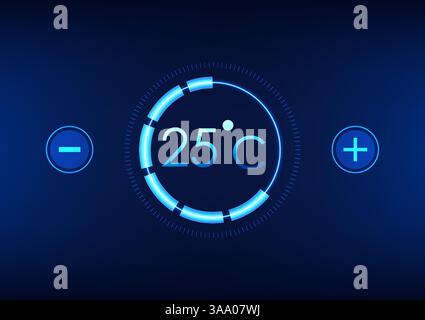 Technology background of temperature screen with plus and minus signs for temperature adjustment, numbers inside technology circle, vector illustratio Stock Vector