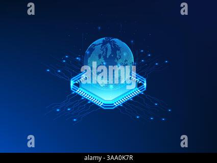 Technology, Microchip, Artificial Intelligence, Microchip with the world on top, represents AI becoming a major driving force of the world, allowing b Stock Vector
