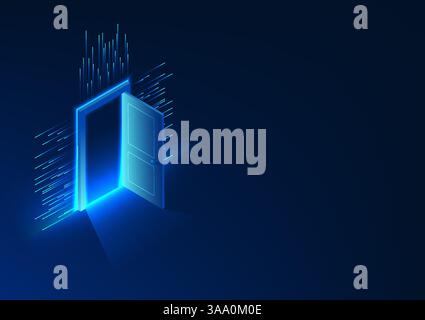 Door to the world of technology The door that opens forward and is surrounded by lines of information Innovation AI, Blockchain, Quantum Computing Doi Stock Vector