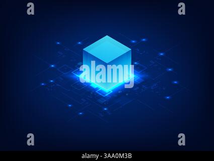 Blockchain technology background. Blockchain technology box in the shape of a piggyback processing data. Decentralized storage. Used in cryptocurrency Stock Vector