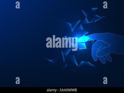 Data Technology Businessman's hand pointing at the lines connecting business data, showing businessmen using AI, Machine Learning and Cloud Computing Stock Vector