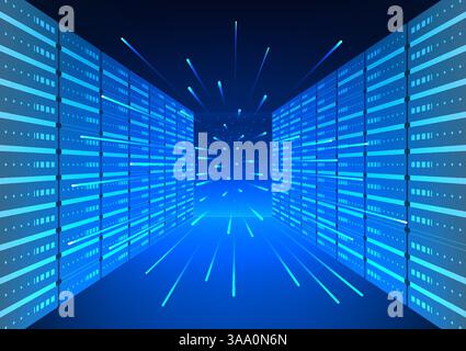 Server technology Servers are located in a room with a beam of light coming out. Servers are the center of data storage, processing and distribution, Stock Vector