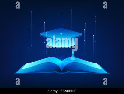 Educational Technology A book with degree cap on top represents modern education that uses technology as a medium for learning to develop rapidly, acc Stock Vector