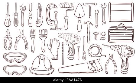 Construction tools set in line art style. Doodle design of wrench, brush, handsaw, hammer and nails. Screw, nut and bolt. Tape measure, screwdriver Stock Vector