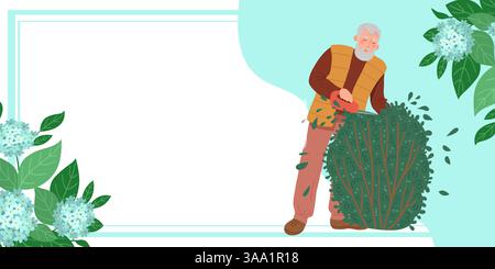 Elderly man carefully trims a large bush with pruning shears. The vector illustration highlights the art of shaping plants in a garden setting. Stock Vector