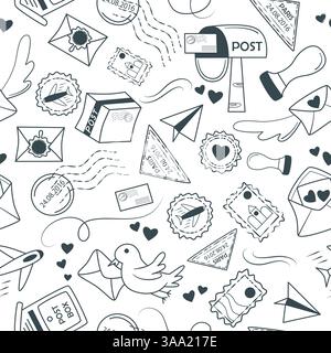 Postal parcels and letters seamless pattern doodle sketch style. Hand drawn background with elements - envelope, mailbox, letter, parcel, carrier Stock Vector