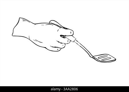 Hand holding slotted plastic or wooden spatula vector illustration. Kitchen utensil etching drawing. Handcrafted cooking tool for cooking tutorials Stock Vector