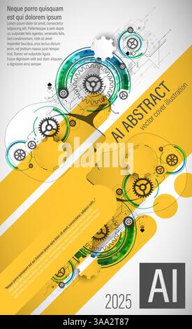 A futuristic abstract cover design showcasing artificial intelligence and technology. The artwork features a human head silhouette filled with digital Stock Vector