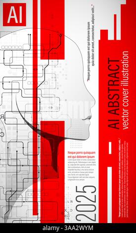 A futuristic abstract cover design showcasing artificial intelligence and technology. The artwork features a human head silhouette filled with digital Stock Vector