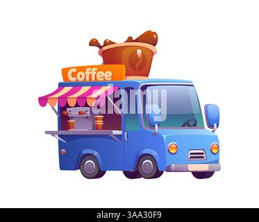 Cartoon coffee food truck, vintage festival street foodtruck van with giant cup on top, serving hot beverages. Mobile cafe car, restaurant on wheels with open side panel revealing coffee machine Stock Vector