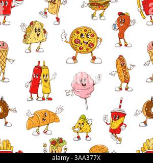 Groovy fast food characters seamless pattern with funny snacks and desserts, vector background. Cartoon groovy fast food pattern with funky pizza or freaky cheeseburger with happy smile and silly face Stock Vector