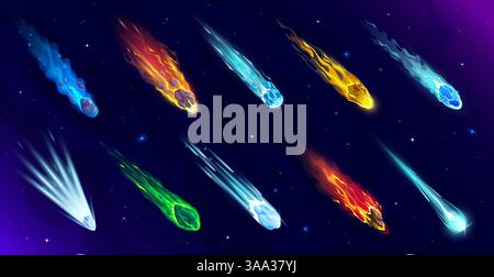 Falling comets, asteroids or meteors with blue flame trail in cosmos ...