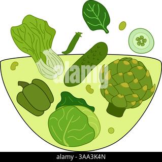 Green vegetables in bowl composition. Vector flat bowl with spinach, cabbage, bok choy, celery, peppers, cucumber, artichoke, peas, pea pods, bean. Fo Stock Vector