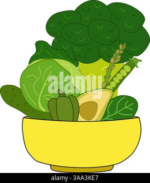 Green salad of fresh green vegetables broccoli, avocado, pepper in a transparent salad bowl object vector isolated on a white background. For logo, we Stock Vector