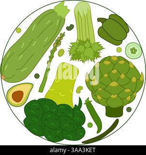 Farm fresh green vegetables, round shape composition form. Veggies vector colorful flat icons on isolated background. Circle card for banner, poster, Stock Vector