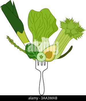 Vegan Food green veggies on fork. Flat vector composition Healthy Eating And Plant Based Diet. Vegetarian Nutrition Concept. For logo, web, package, s Stock Vector