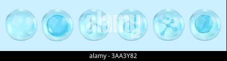 3D water drop. Circle cell. Blue DNA sphere or glass science droplet. Transparent collagen and vitamin serum blobs. Hydrating molecule. Fluid clear st Stock Vector