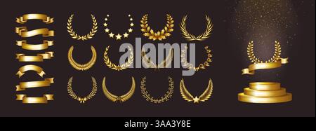 Gold award. Ribbon, prize and laurel wreath, golden oscar banner for star winner ceremony. 3d best win metallic podium or stage exposition. Realistic isolated elements for design. Vector background Stock Vector