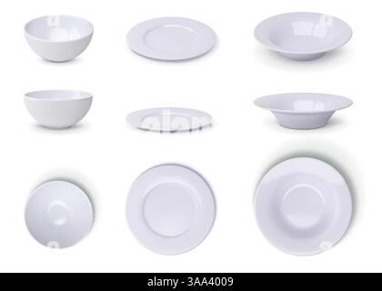 Plate mockup. White ceramic dish bowl, empty porcelain for food. Realistic top and side view of clean kitchen utensil, dinner tableware. Blank restaurant collection. Vector 3d isolated illustration Stock Vector