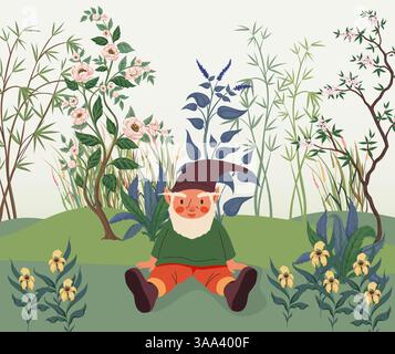 Cute gnomes. Cartoon fairy tale dwarves. Senior fabulous little character sitting on meadow. Happy midget relaxing. Wild flowers. Herb leaves. Mytholo Stock Vector