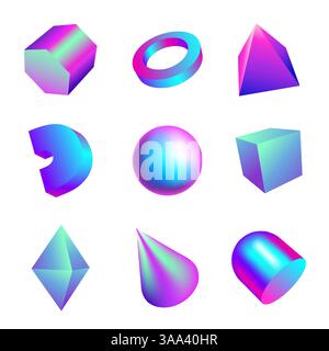 Gradient 3D shapes. Abstract geometric figures. Iridescent render blocks. Glossy cube and sphere. Shine tubes. Pyramid or cone structure. Hexagon cyli Stock Vector