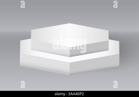 3d Stand. White hexagon podium for product presentation. Isolated empty element. Exhibition geometric object, showcase mockup, stage exposition. Gallery scene minimal background. Vector illustration Stock Vector